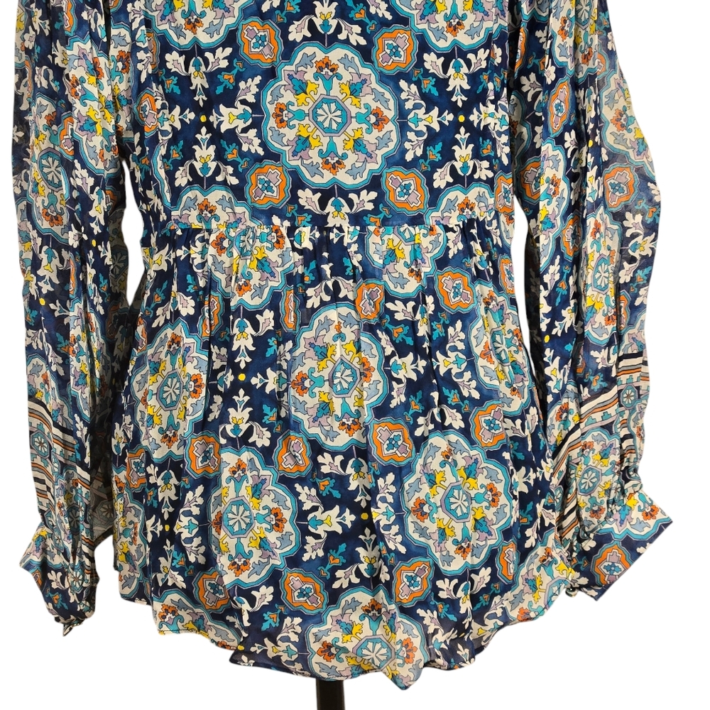 Shoshanna Silvano Blouse Blue White Printed Top Semi Sheer Size XS - Picture 9 of 11